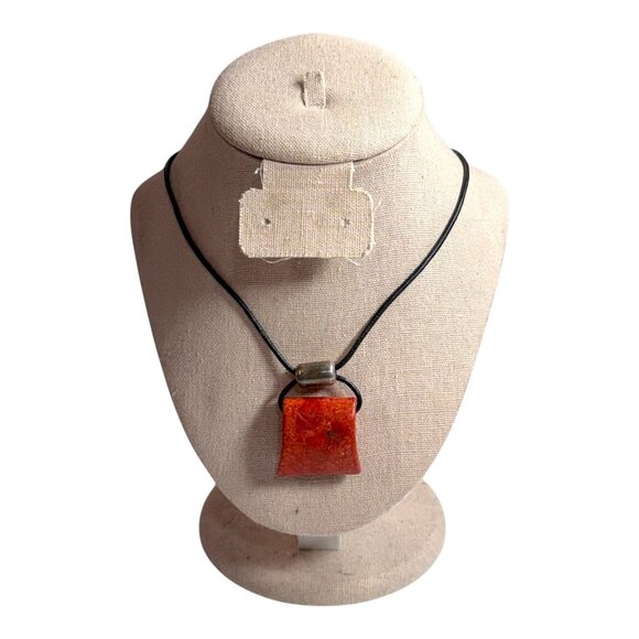 Silpada Cardinal Rule Red Coral Pendant Black Leather Cord Necklace Square - Picture 1 of 14